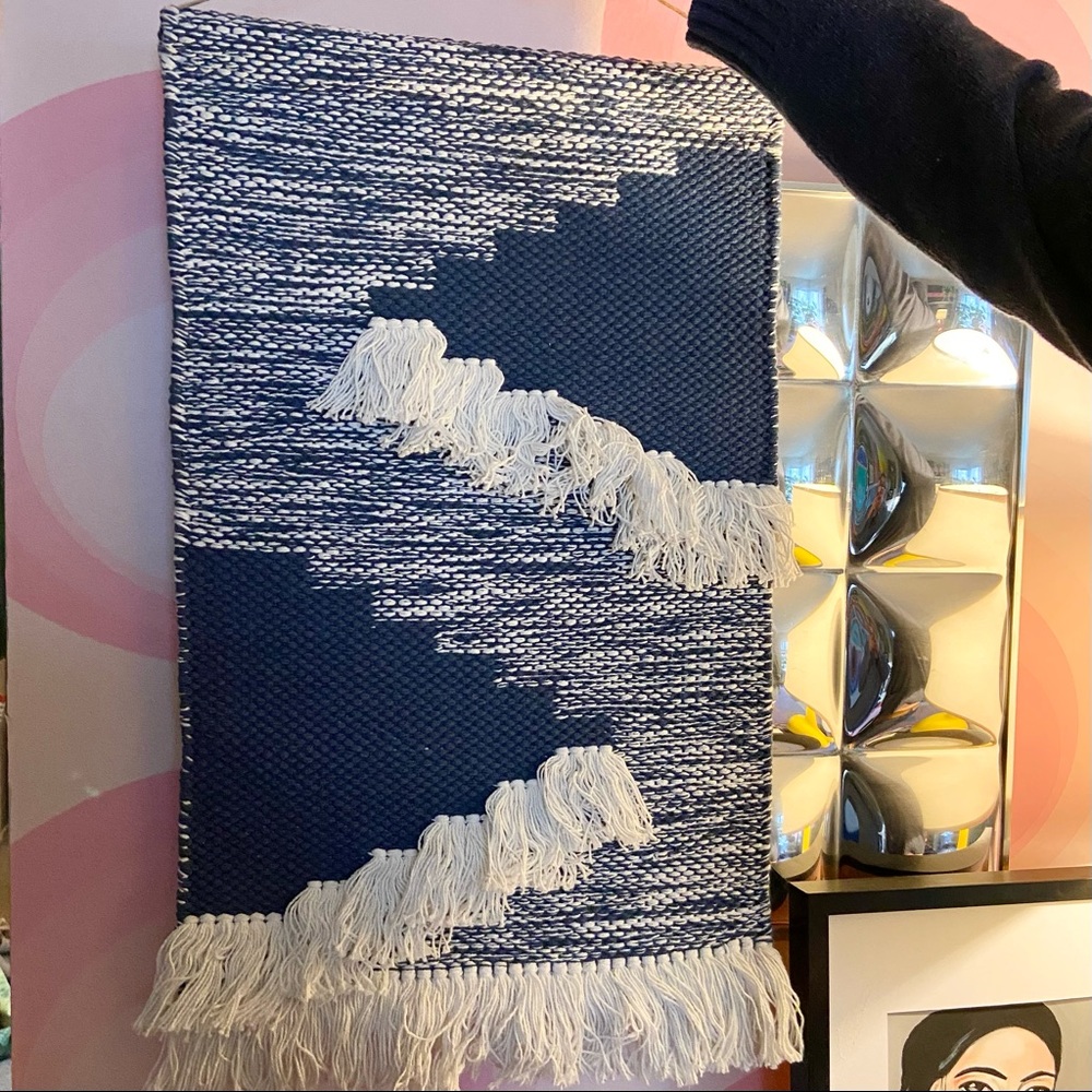 Woven wall hanging boho style blue white fringe great condition